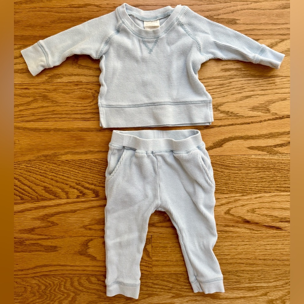 Spearmint Love organic cotton waffle knit 6-12 months Light Blue Baby Outfit Set